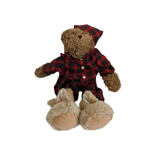 Bear in Red Plaid Nightshirt and Hat Bunny Slippers 15.5" Fuzzy soft fabric body - Picture 1 of 9